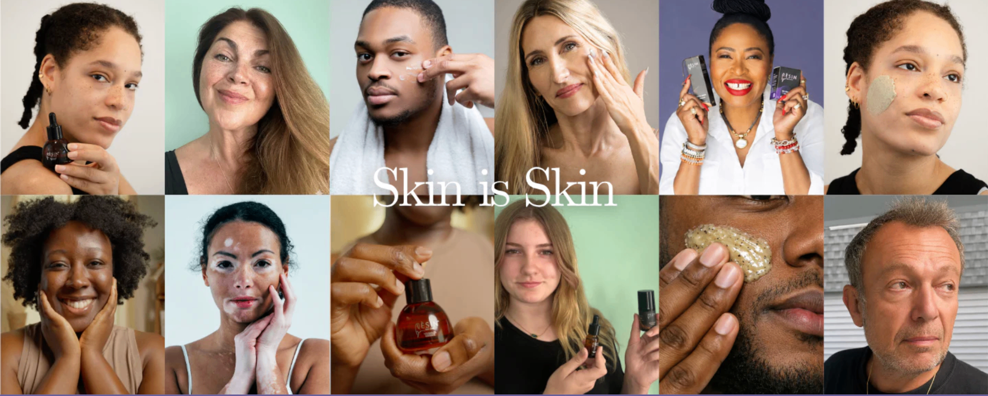 Skin is Skin — a diverse collage of faces representing every age, gender, ethnicity, and skin tone using Èsín skincare