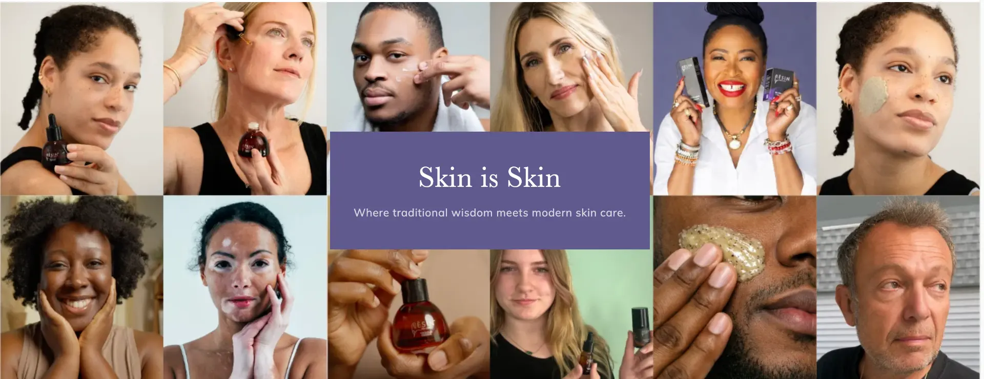 Skin is Skin — a diverse collage of faces representing every age, gender, ethnicity, and skin tone using Èsín skincare